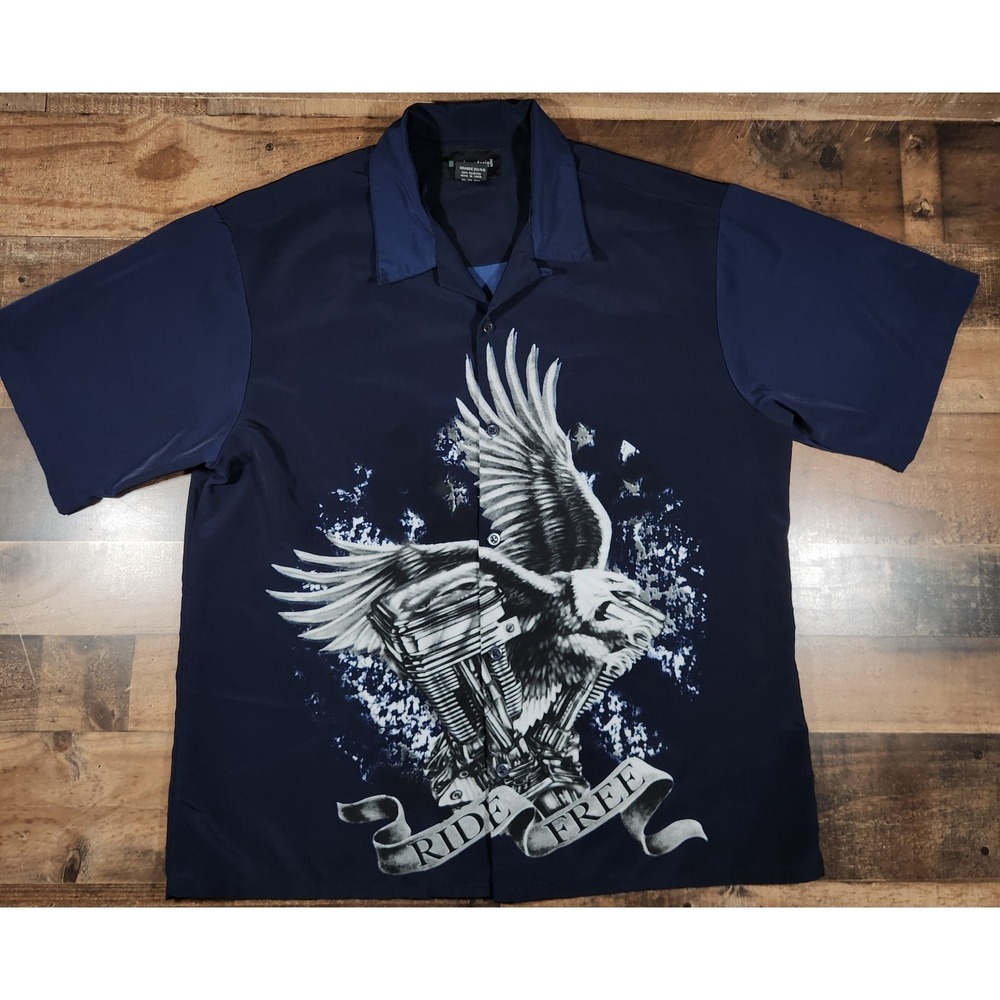 No Boundaries Shirt Mens Large Blue Y2K Grunge Eagle Motorcycle Biker Ride Free